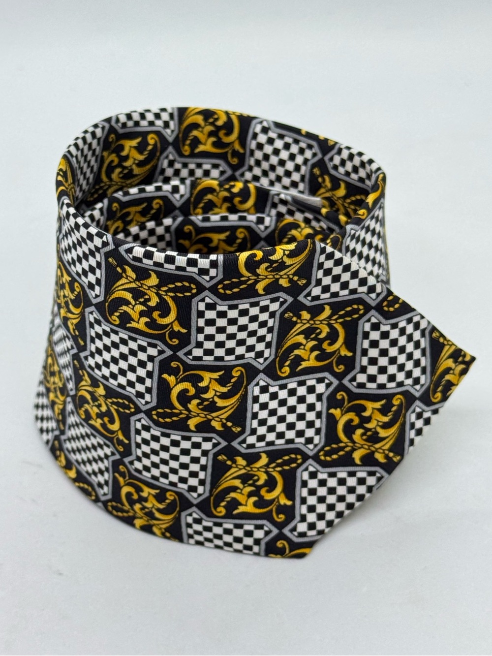 V2 by Versace Baroque Checkerboard Silk Necktie Black Gold Vintage OS